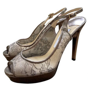 Jimmy Choo Metallic Brown Lace Dahlia Peep Toe Pumps Size 37